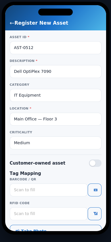 Alif AMS Pro — Field Mobile App — Register New Asset