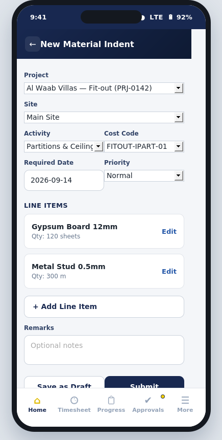 Alif PMS Pro — Engineer's Mobile App — New Material Indent