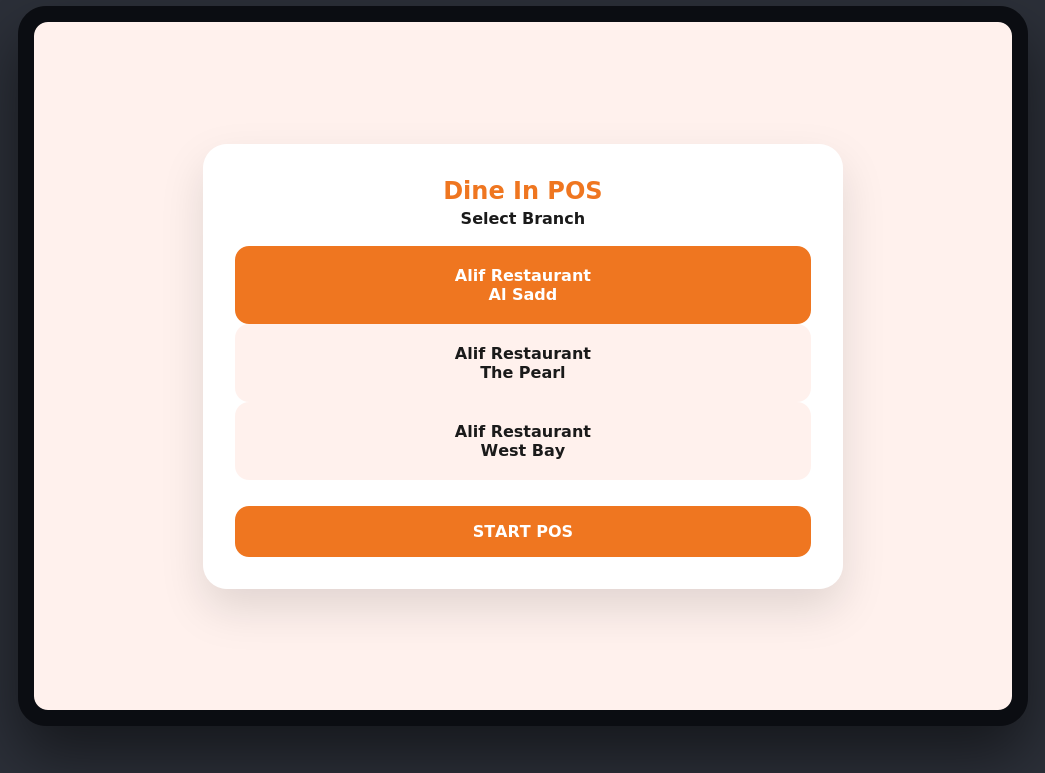 Alif RMS Pro — Waiter & POS App — Branch & Table Select